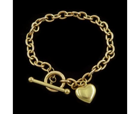 9ct gold cable link bracelet, with T bar clasp and heart charm, stampedCondition Report:Approx 8.15gm, length = 20cm, tested 