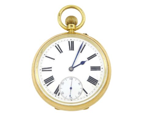 Victorian 18ct gold open face keyless lever presentation pocket watch, white enamel dial with Roman numerals and subsidiary s