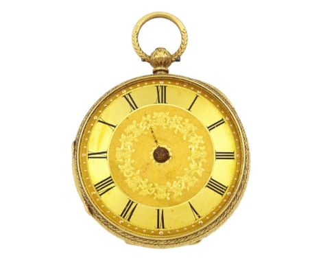 Victorian 18ct gold open face key wound fusee lever pocket watch by Rhodes & Son, Bradford, gilt dial with Roman numerals, ca