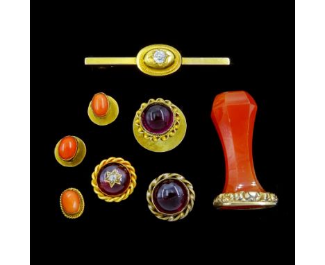 Victorian jewellery including 15ct gold single stone old cut diamond brooch, diamond approx 0.25 carat, 18ct gold cabochon ga