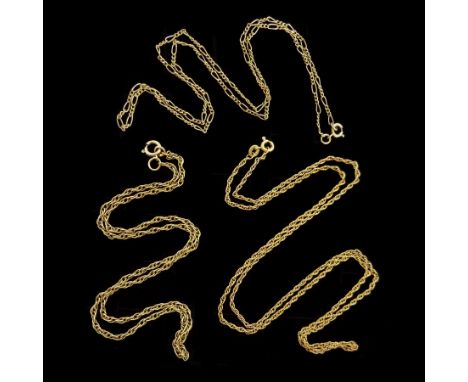 Three 9ct gold chain necklacesCondition Report:Approx 11.45gm, two hallmarked, one tested, lengths = 43cm, 46cm and 60.5cm, c