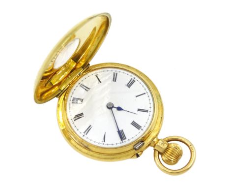 Edwardian 18ct gold half hunter keyless lever fob watch by Manoah Rhodes & Sons Ltd, No. 30256, white enamel dial with Roman 