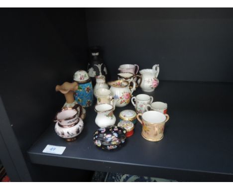 A selection of miniature jugs including Royal Crown Derby, Royal Albert, and other ceramics including Royal Worcester tyg of 