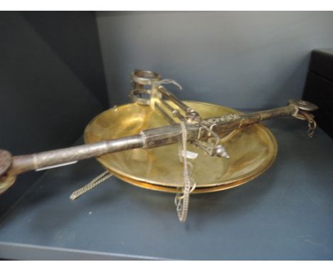 A set of Middle Eastern influence, weighing scales having iron frame with engraved decoration and brass pans
