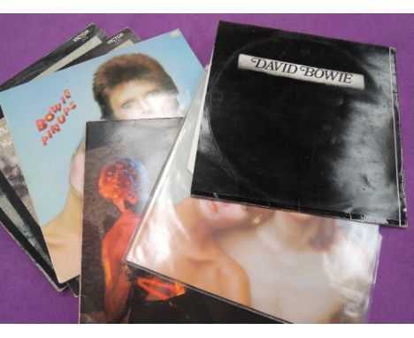 A selection of vinyl LP records, David Bowie, Pin Ups (x2), Hunky Dory (x2), Lets Dance, The World of David Bowie (Decca 1970
