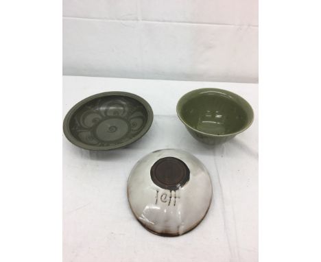 Three studio ceramic bowls one with 'Jeff' to the underside