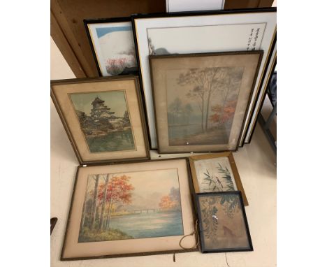 A quantity of pictures of Oriental subjects to include watercolours, signed woodblock print etc, Japanese &amp; Chinese examp