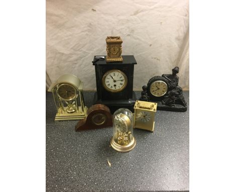 A quantity of clocks to inc a slate mantel clock and a miniature carriage clock