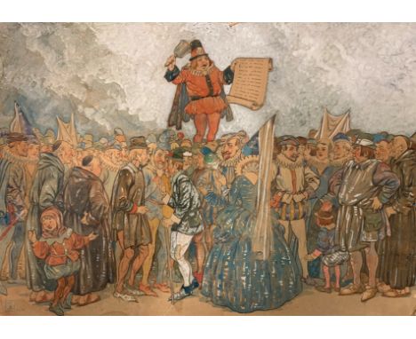 Attributed to Walter Crane (1845-1915): A medieval crowd scene with town crier, ink &amp; gouache, signed with monogram lower