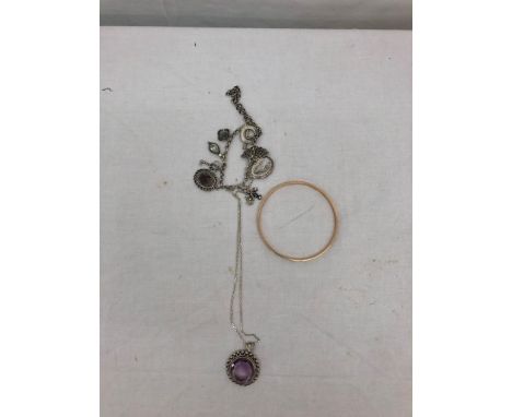 A silver amethyst pendant; together with a white metal bracelet and bangle