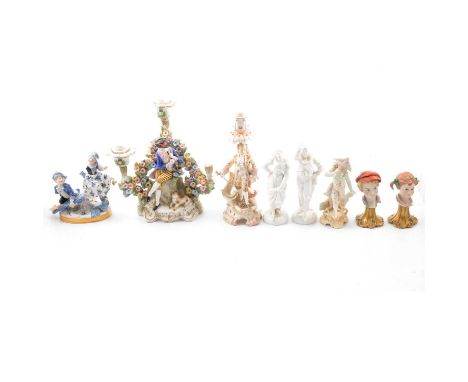 Dresden porcelain candlestick group, gold anchor mark, 26cm, damaged pair of Italian busts, other Continental figures.