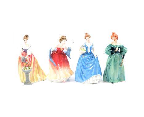 Four Royal Doulton fugures, Top o'the Hill, 20cm; Amy's Sister; Helen and Alexandra; three Doulton white models; Royal Worces