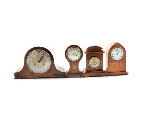 Edwardian inlaid oak lancet-shape mantel clock, white enamel dial, Swiss timepiece movement signed Buren, 22cm; Edwardian inl