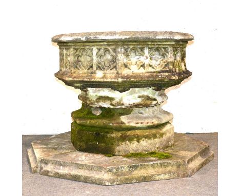 Large Haddonstone 'Gothic font’ planter, complete with four segment plinth, pllanter width 81cm, overall height 80cm.