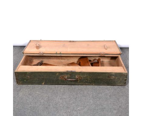 Painted pine tool box, hinged lid, length 80cm; moulding planes and other tools