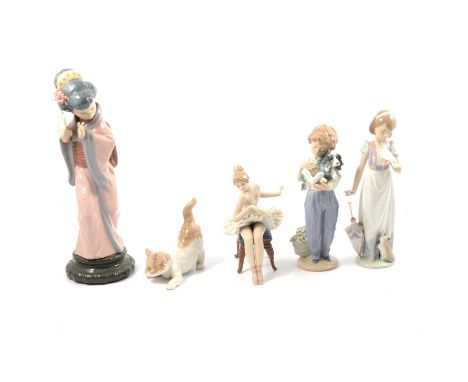 Five Lladro figurines, to include Timid Japanese Geisha 4990; Summer Stroll 7611; My Buddy 7609; Recital Ballerina 5496; and 