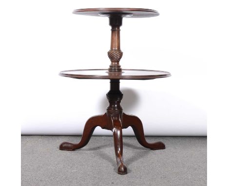 George III mahogany two tier dumb waiter, circular tiers with mouded outlines, baluster column, tripod legs, diameter 69cm, h