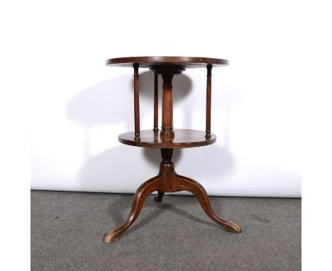 Oak and elm country made two tier whatnot, circular tiers, tripod base, diameter 52cm, height 74cm.