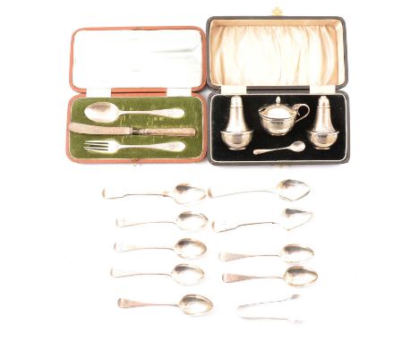 A silver condiment set, James Gloster Ltd, Birmingham 1933, cased; a silver child's flatware set, cased; Georgian silver spoo