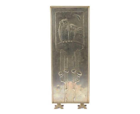 Arts and Crafts style silvered metal firescreen, the tall rectangular panel worked with a design of owls perched under a cres