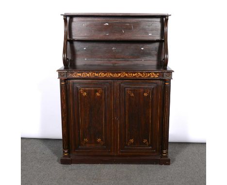 Victorian simulated rosewood chiffonier, stencilled decoration, two shelf back with scroll supports, the base with two doors 