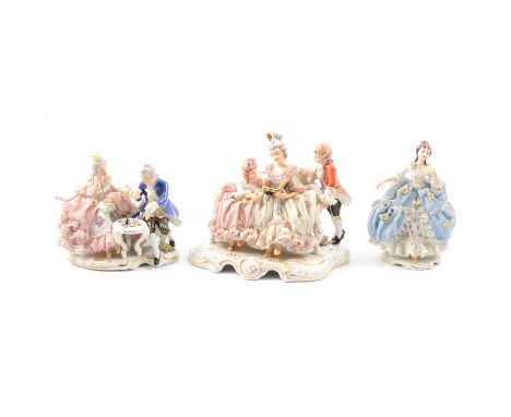 Four Bavarian figure groups, Sandizell, Hoffner &amp; Co, comprising a family group, width 25cm; tea party; chess game and a 