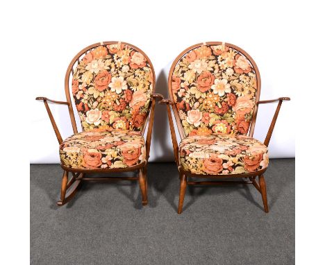 Ercol, Windsor Armchair, model 204, and similar Windsor Rocking chair, with matching floral print upholstered pads, width 74c