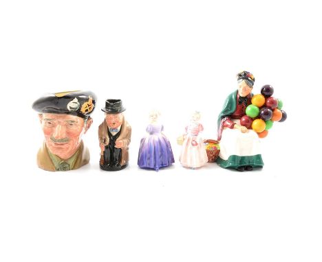 Four Royal Doulton figures, The Old Balloon Seller, 20cm, Nina, Autumn Breezes and Silks and Ribbons; two small Doulton figur