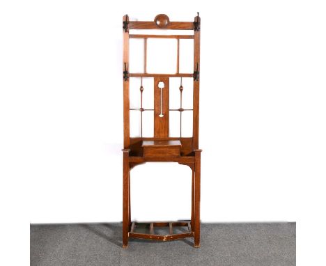 Art Nouveau period oak hall stand, mirror back with a glove box and stick stand divisions, width 61cm, depth 28cm, height 183