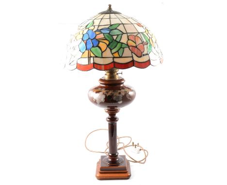 Modern table lamp, pottery base with lustre glaze, Tiffany style shade, 71cm.