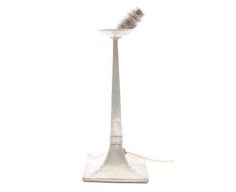 Beaten pewter pricket candlestick, converted to a lamp, 29.5cm.