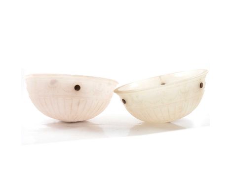 Pair of opaque pressed glass light bowls, diameter 31cm, with chains, and two other light bowls.