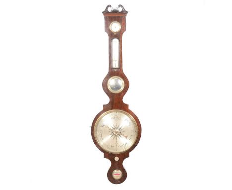 Early Victorian mahogany barometer, banjo-shape, with silvered dial and charts, snaw-neck pediment, width 31cm, height 113cm.