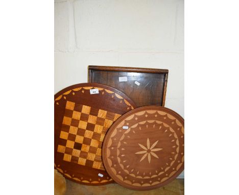 Mixed Lot: Two hardwood serving trays and an inlaid chess board (3)