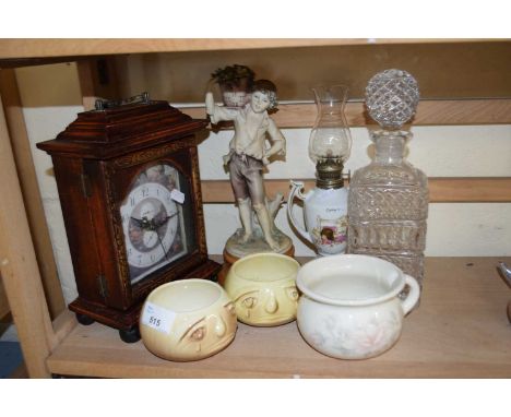 Mixed Lot: Modern mantel clock, small oil lamp, decanter and other items