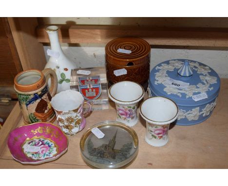 Mixed Lot: Wedgwood Jasper ware, covered trinket box, Royal Crown Derby miniature vases and other assorted items