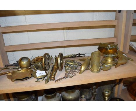 Mixed Lot: Various assorted brass wares to include assorted ornaments, fire tools, model dolphin etc