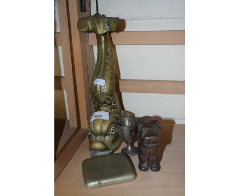 Brass dolphin shaped door stop, dog shaped nut cracker and other items
