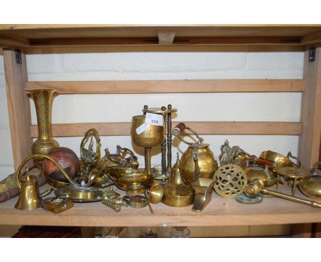 Collection of assorted brass ornaments, vases, goblets, gavel etc
