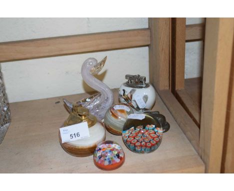 Mixed Lot: Table lighter, paper weight, glass duck etc