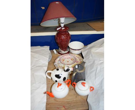 Mixed Lot: Table lamp, various tea wares, decorated plates etc