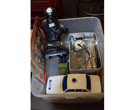 Mixed Lot: A Cool Master robot, battery operated Police car, pocket watch movement, bedside clock and other assorted items