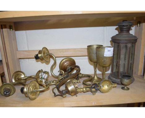 Mixed Lot: Various brass wares to include wall sconces, goblets, lantern set