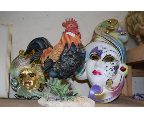 Mixed Lot: Country Life model cockerel and two modern ceramic masks