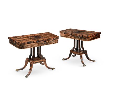 A PAIR OF REGENCY CALAMANDER AND BURR YEW CROSSBANDED CARD TABLES CIRCA 1815 73cm high, 90.5cm wide, 45cm deep  Provenance: P