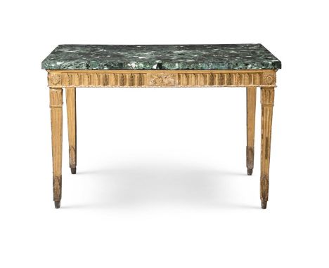 A CARVED GILTWOOD AND VERDE ANTICO MARBLE CONSOLE OR HALL TABLE ITALIAN, CIRCA 1770 93cm high, 134cm wide, 66.5cm deep  Prove