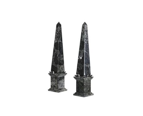 AFTER GIAMBOLOGNA, A PAIR OF GRAND TOUR VERDE ANTICO MARBLE OBELISKS LATE 19TH CENTURY Each perched on tortoise supports in t