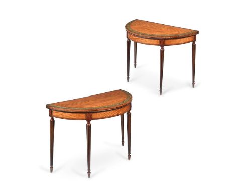 Y&nbspA PAIR OF GEORGE III SATINWOOD AND PAINTED CARD TABLES CIRCA 1790 The two back legs of each table hinged to support the