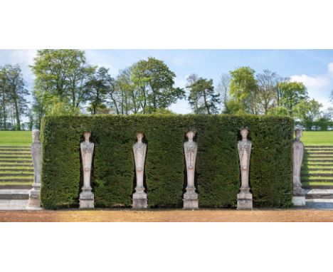 AFTER GIOVANNI BATTISTA GUELFI, A SET OF SIX COMPOSITION STONE HERM FIGURES  LATE 20TH CENTURY  Each surmounted by classical 