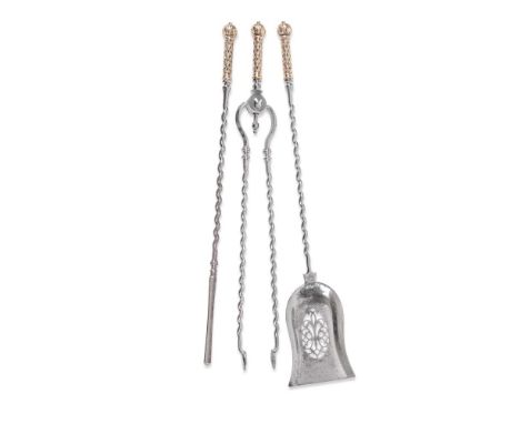 A SET OF THREE VICTORIAN POLISHED STEEL AND BRONZE HANDLED FIRE TOOLS  CIRCA 1850  Comprising shovel, tongs, and poker, each 